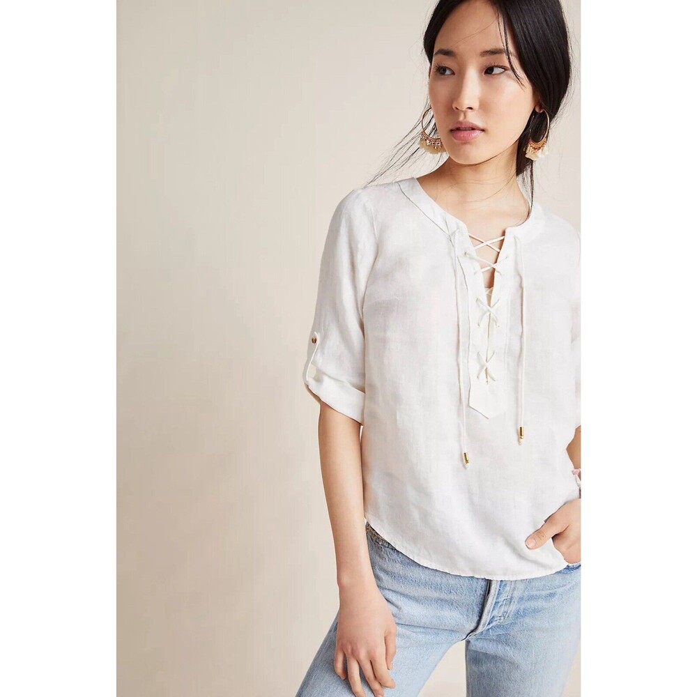 Maeve Anthropologie Women's Marva Lace-Up Linen Tunic Top White Size 0 (XS) Boho